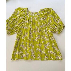 Tyler Boe Chartreuse Green Daisy Floral Puff Sleeve Pleated Blouse XL Womens